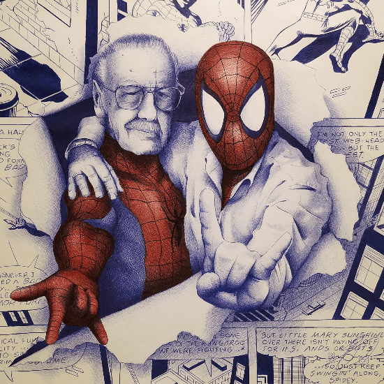 Dibujo a bolígrafo de Stan Lee y Spiderman
