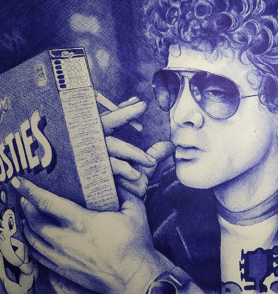 Dibujo a bolígrafo de Lou Reed leyendo una caja de cereales Frosties mientras fuma