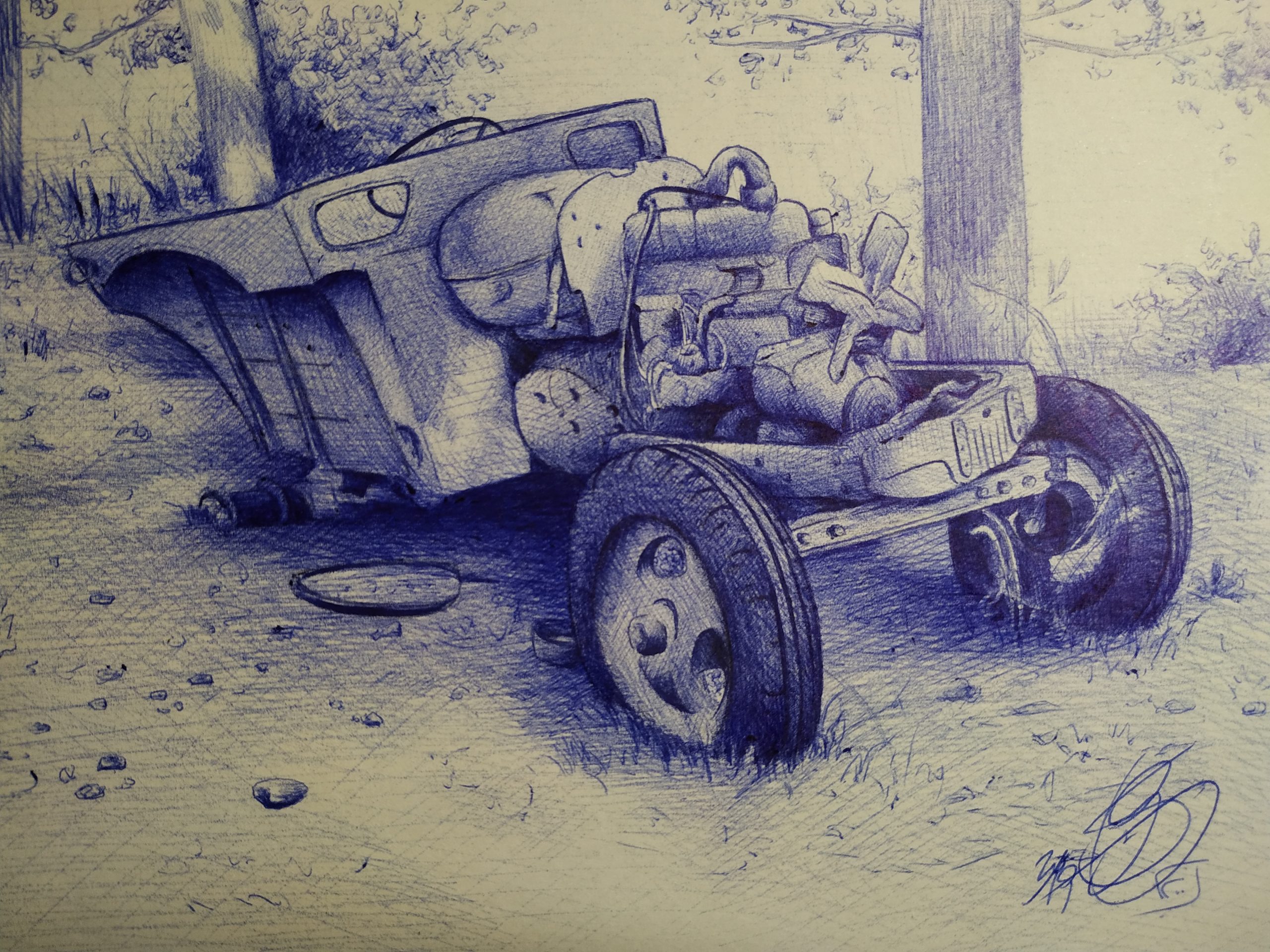 Dibujo a bolígrafo de un tractor abandonado entre árboles