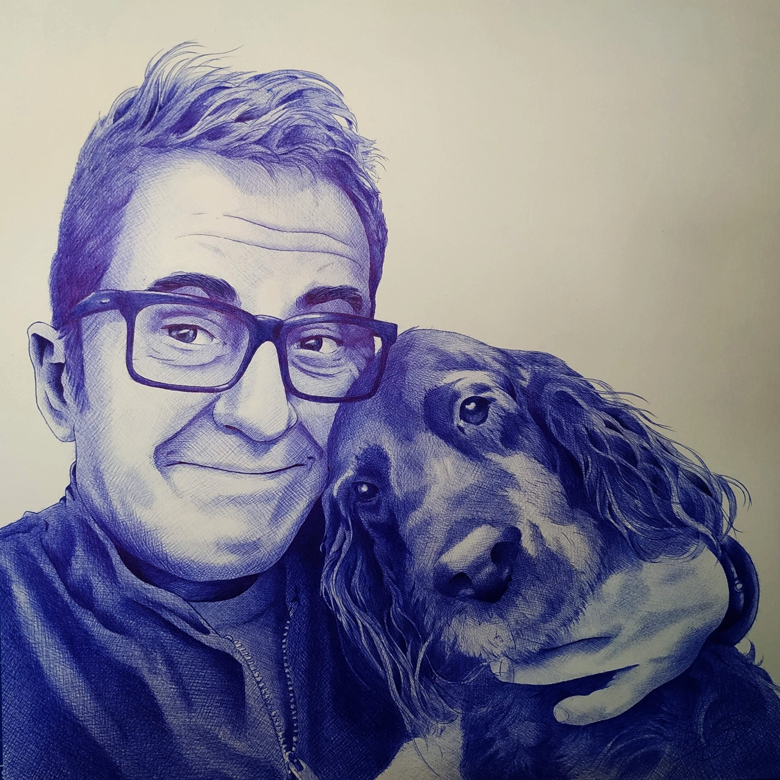 Dibujo a bolígrafo de Andreu Buenafuente con su perro Mel