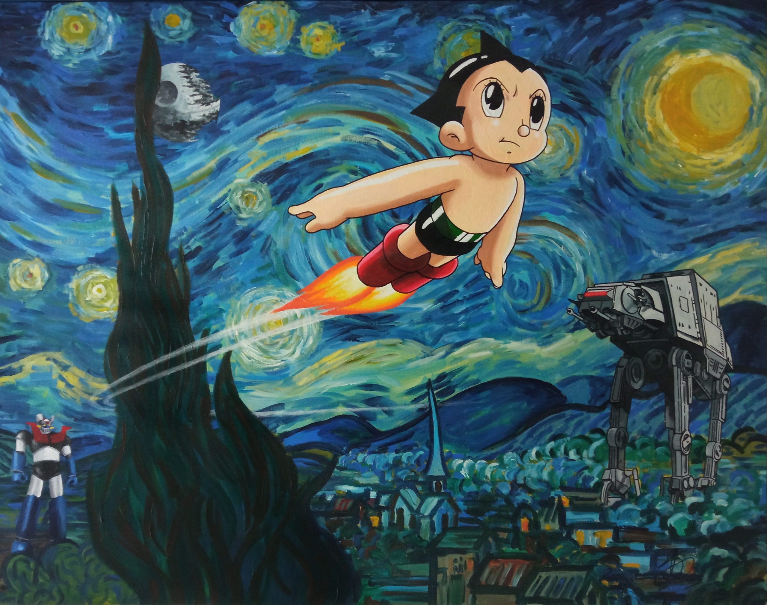 Interpretación surrealista pop de la obra La Noche Estrellada de Van Gogh, con Mazinger Z, Astroboy y elementos de Star Wars.
