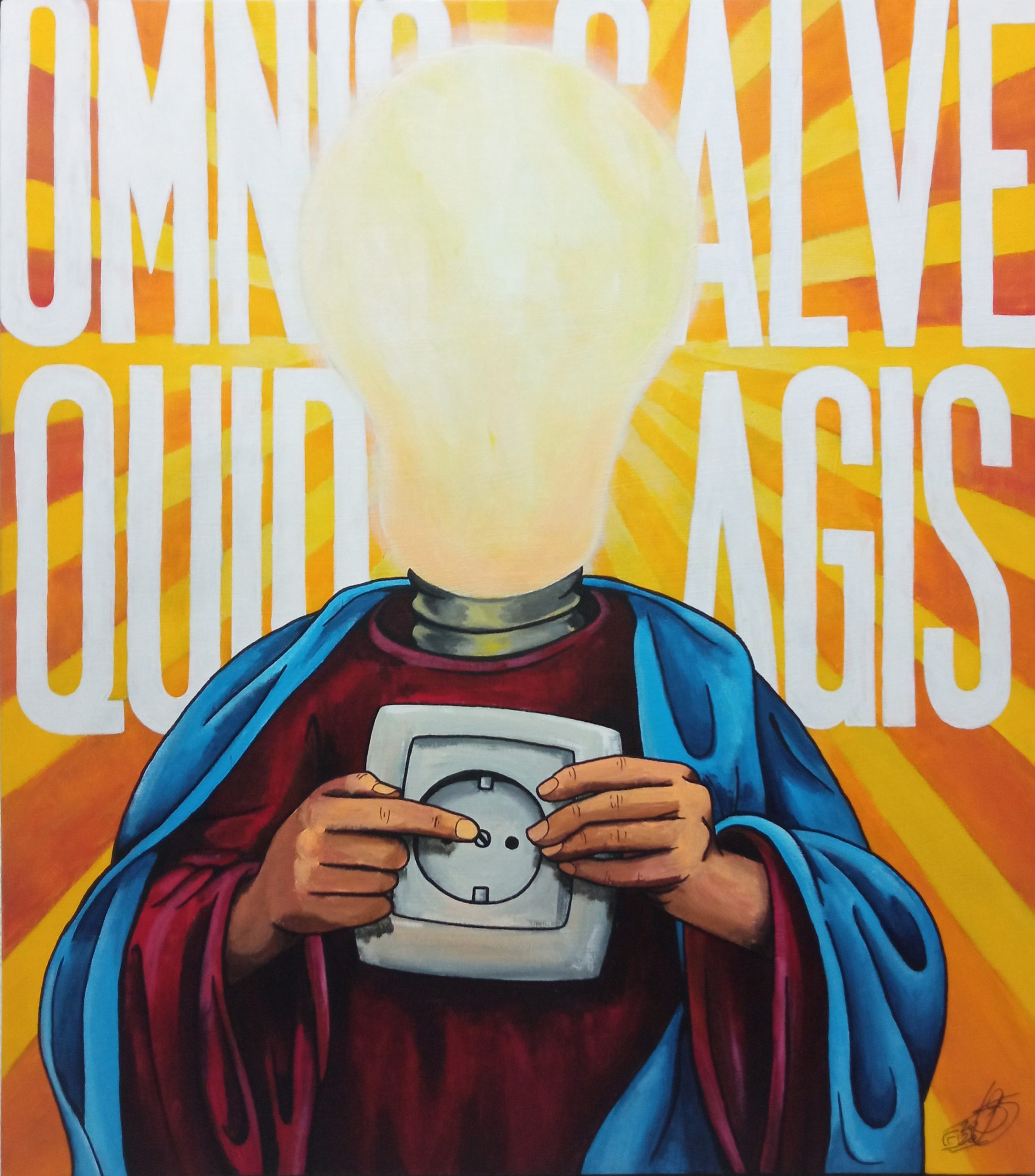 Obra surrealista pop del Sagrado Corazón de Jesús sujetando un enchufe de pared sobre un fondo con el texto en latín "omni salve quid agis".